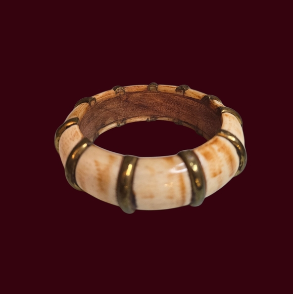 Vintage Bone Over Wood With Brass Inserts Bangle Bracelet - Picture 5 of 7